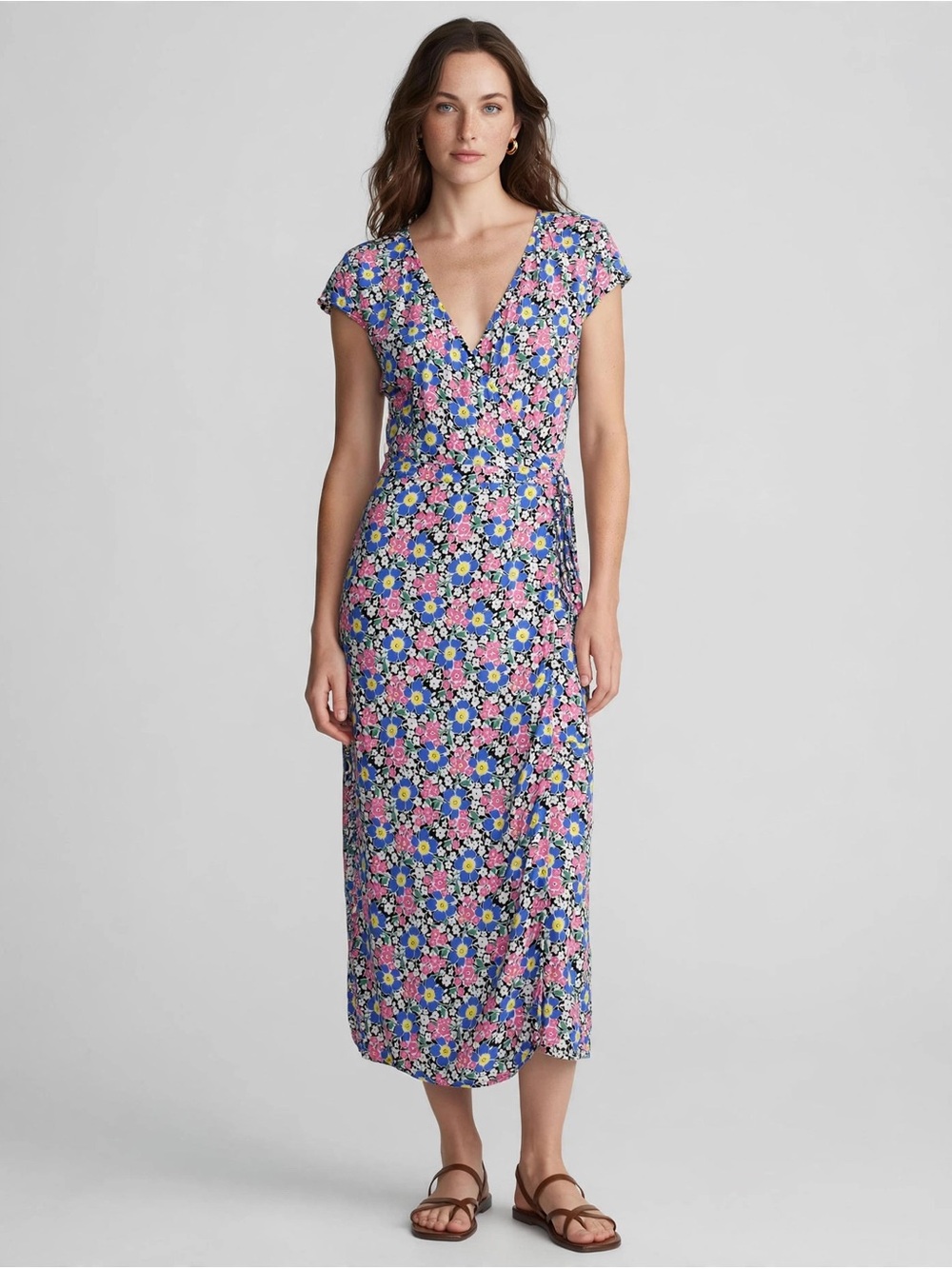 J. Crew Blue and Pink Floral Wrap Midi Dress